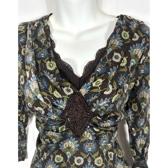 Cato Tops - VTG Cato Y2K Lace Trim Babydoll Top Size L Brown Boho Forest Fairy Grunge Witchy